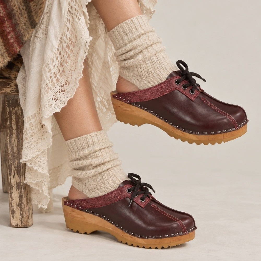 Troentorp Clogs Lace Up Leather Wood Mules 38 Red Swedish Artisan Academia Boho